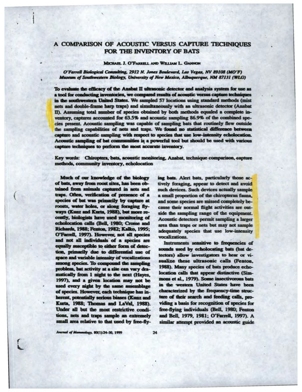 scientific article published in the Journal of Mammalogy comparing bat surveillance techniques