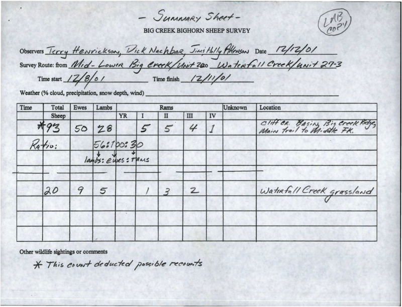 summary sheets rom December bighorn sheep survey of Big Creek