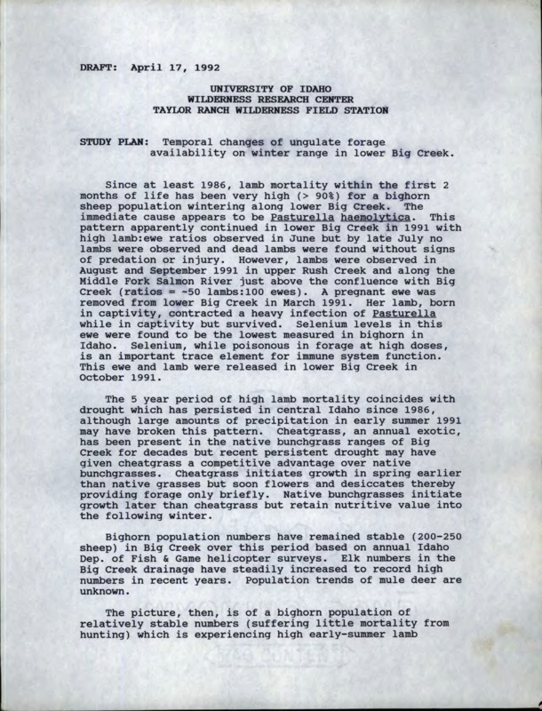 study plan to determine the changing structure of ungulate forage ( for mule deer, elk, bighorn sheep) along the winter range of Big Creek