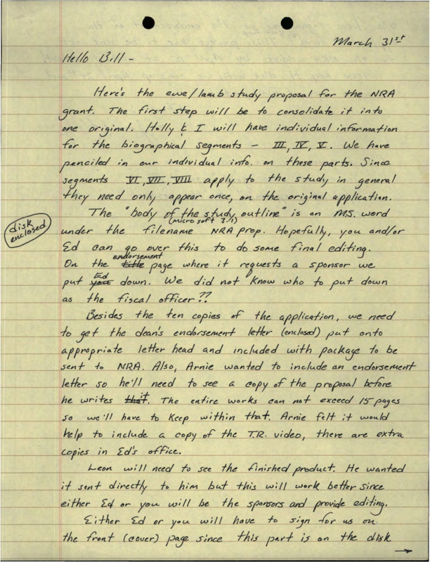 handwritten letter to Bill McLaughlin from Jim and Holly Akenson about needing an endorsement for the bighorn study proposal