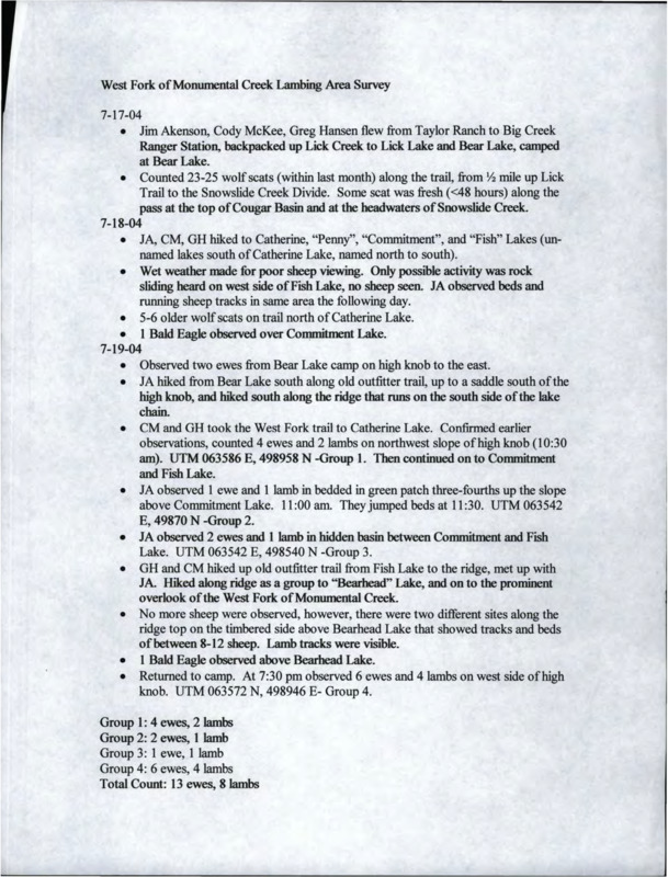 handwritten notes and observations on lambing activity along the West Fork of Monumental Creek