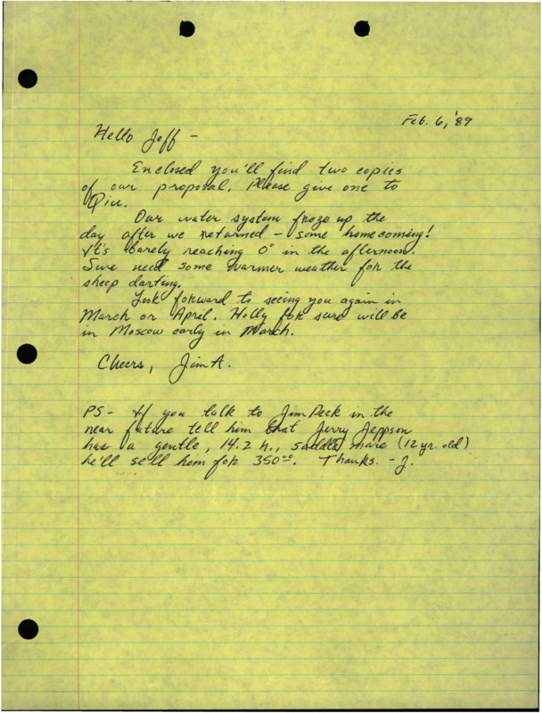 proposal for a study on lamb-ewe composition on Big Creek seasonal ranges with attached handwritten note addressed to "Jeff" from Jim Akenson