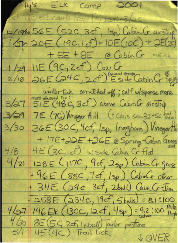 Handwritten notes about elk populations and compositions in 2001.