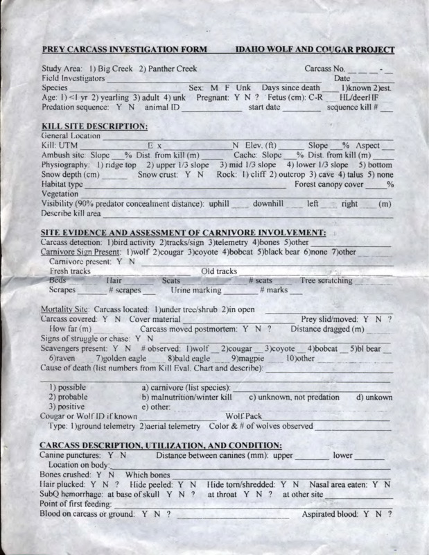 Blank form for the collection of information about carcasses found during the Idaho Wolf and Cougar Project.