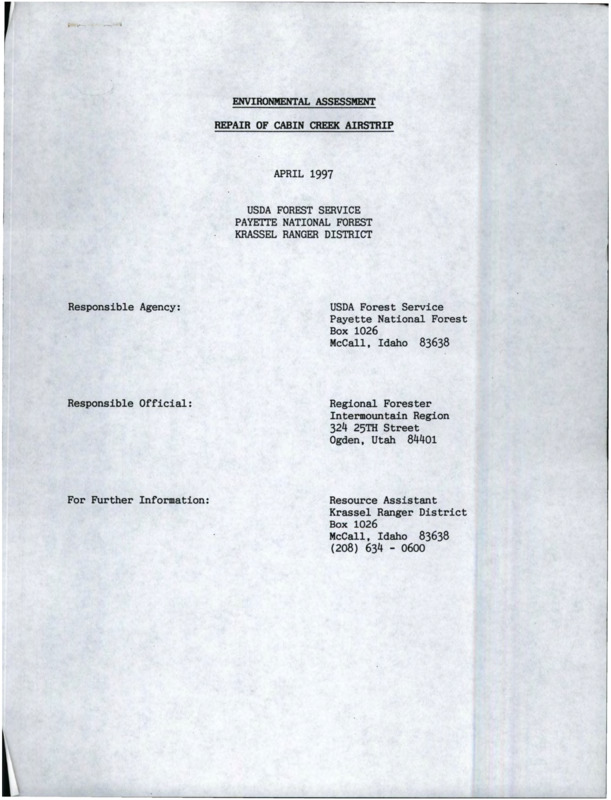 Environmental assessment of impact of Cabin Creek Airstrip