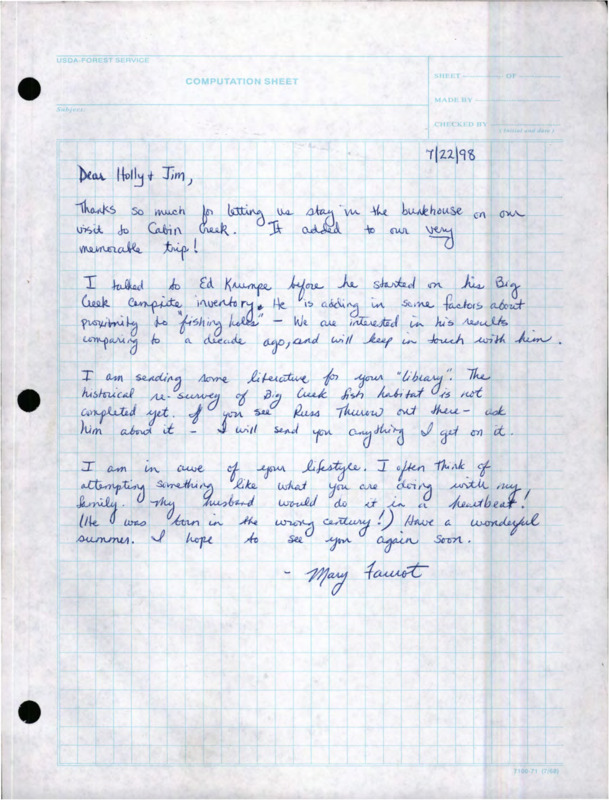 Letter written to Jim and Holly Akenson from Mary Faurot