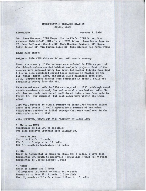 Summary of the surveys we completed in 1996 as part of the chinook salmon spatial habitat analysis project.