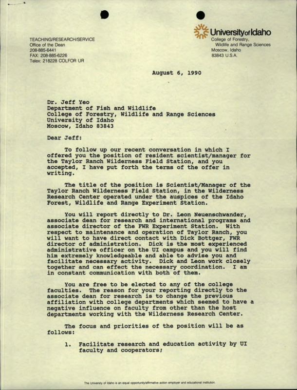 Letter written to Dr. Jeff Yeo from Department of Fish and Wildlife and Range Sciences offering him resident scientist/ manager position at Taylor Ranch Wilderness Field Station.