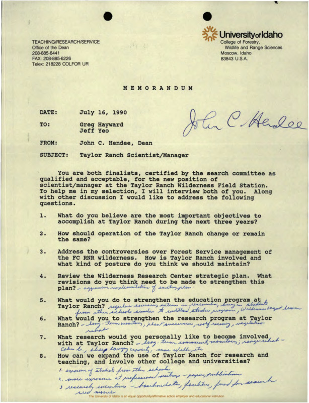 Memorandum announcing to Greg Hayward and Jeff Yeo that they have both been selected as finalists for Taylor Ranch Scientist/ Manager position.