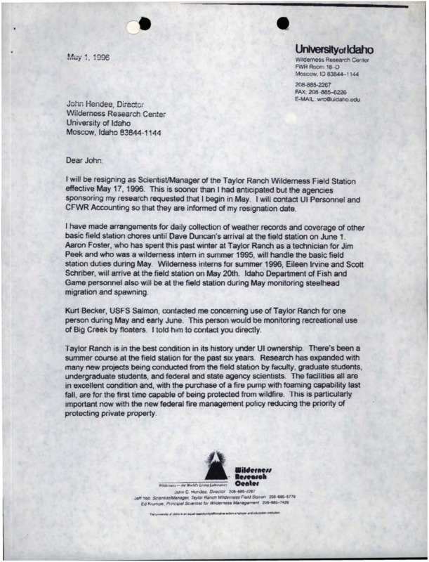 Resignation letter written by Jeff Yeo to John C. Hendee announcing his resignation as Scientist/ Manager of the Taylor Ranch Wilderness Research Field Station.