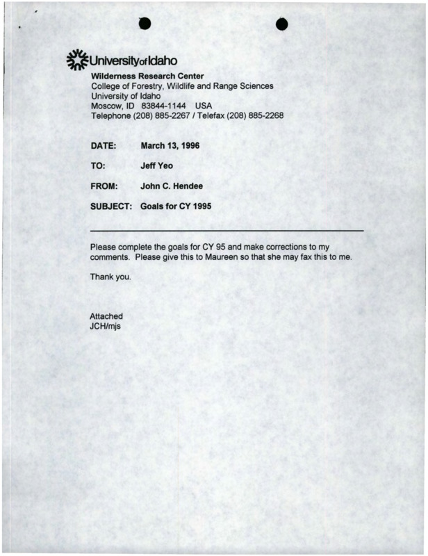 Memorandum written by Jeff Yeo to John C. Hendee requesting he complete goals for CY 95 and make corrections to my comments.