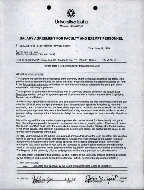 Salary Agreement for Jeff Yeo's position as Scientist/Manager of Taylor Ranch