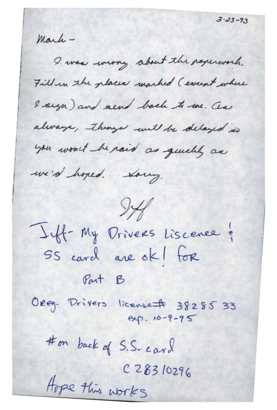 Jeff Yeo's drivers license and social security number for paperwork