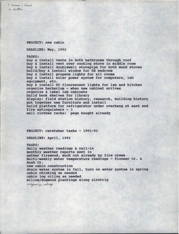 Volunteer status for Chris Hunter, project tasks for New Cabin (May 1992), and project tasks for caretaker (1991-1992)