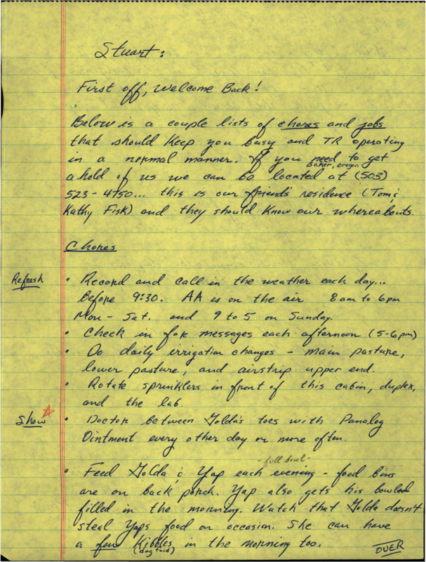 A list of chores and correspondence between Jim and Holly Akenson an the people who covered for them while they were away from Taylor Ranch