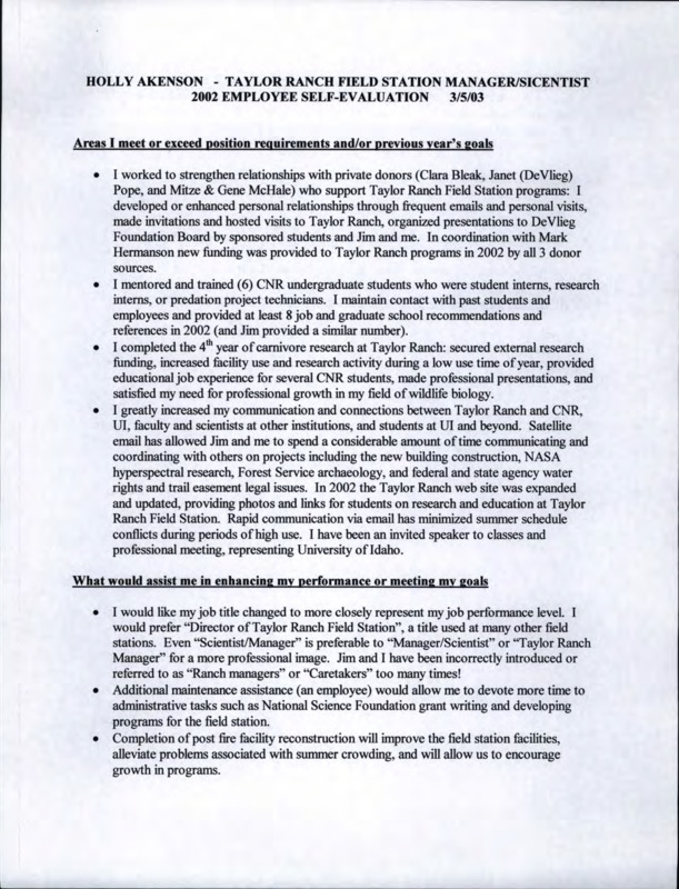 2002 & 2000 employee self-evaluation for Jim Akenson & Holly Akenson, Taylor Ranch Field Station Manager/Scientist positions