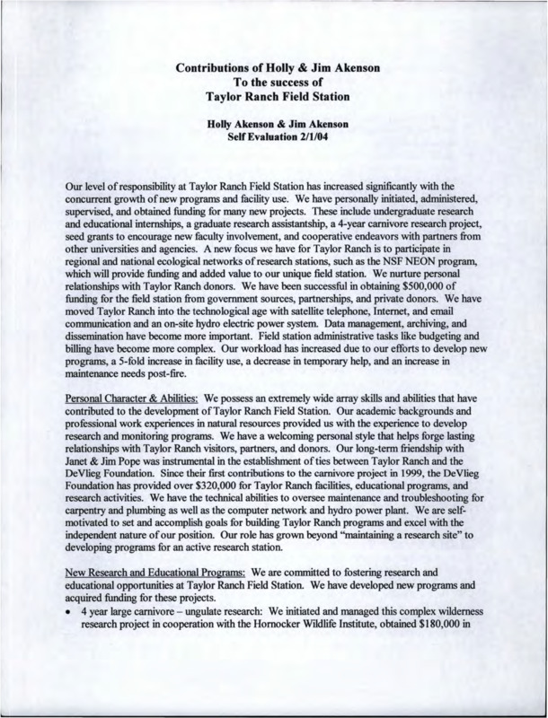 Contributions of Holly & Jim Akenson to the success of Taylor Ranch Field Station. Taylor Ranch Wilderness Field Station Manager/ Scientist Position Description