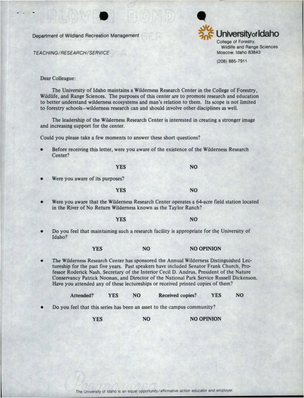 A survey sent out from the College of Forestry, Wildlife and Range Sciences about the maintaining a wilderness research center within the University of Idaho