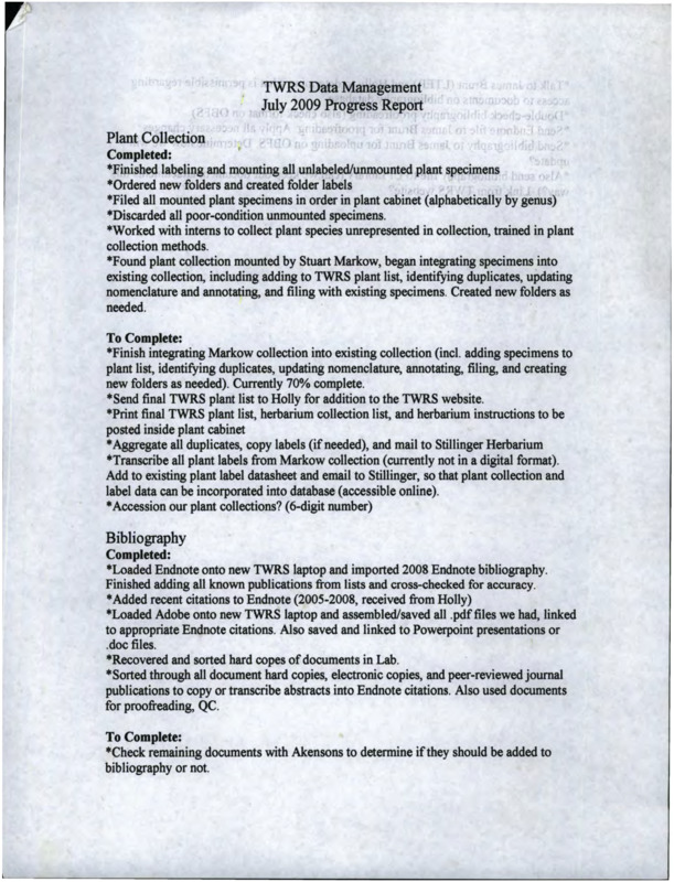 TWRS Data Management July 2009 Progress Report