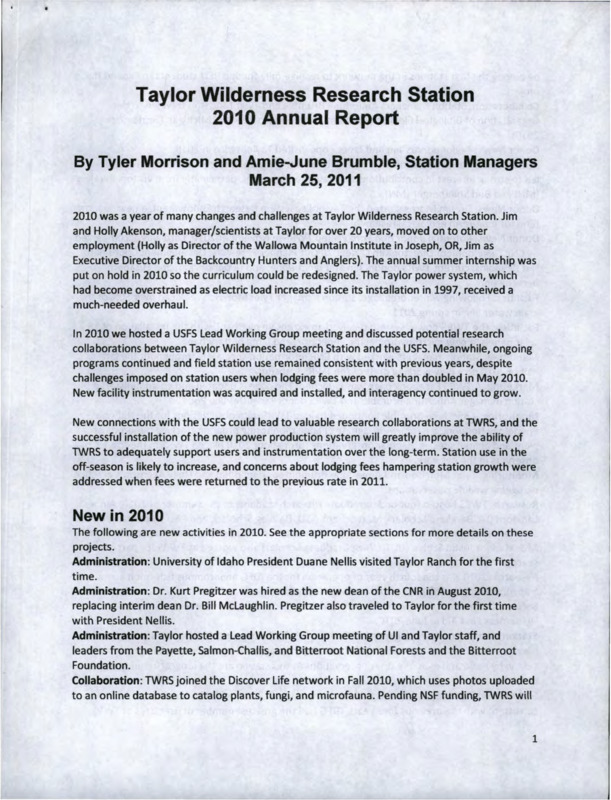 2010 Annual Report for Taylor Wilderness Research Station