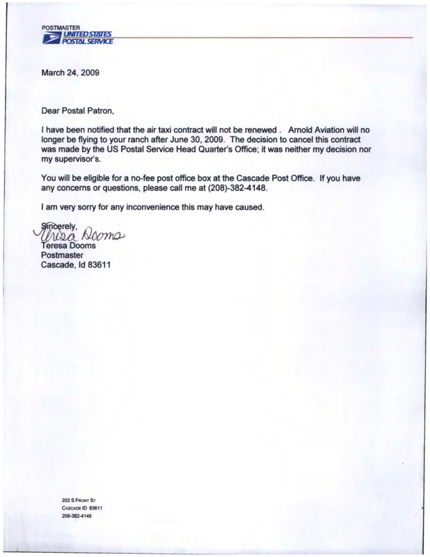 Letters of correspondence between US Postal Service, Holly Akenson (Taylor Ranch), and Senator Crapo discussing cancellation and renewal of air taxi contract