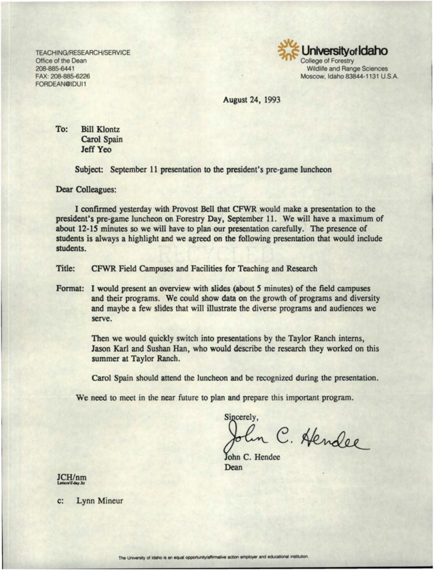 Letter discusses the plans for a CFWR presentation on field campuses and facilities for teaching and research at September 1993 president's pregame luncheon