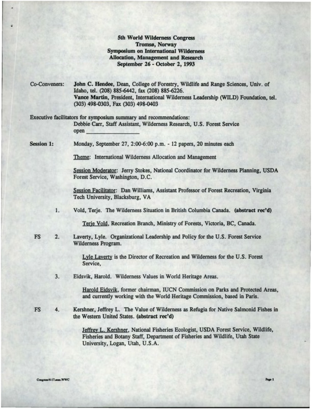 Program for the 5th World Wilderness Congress Symposium on International Wilderness Allocation Management and Research in Tromsø Norway