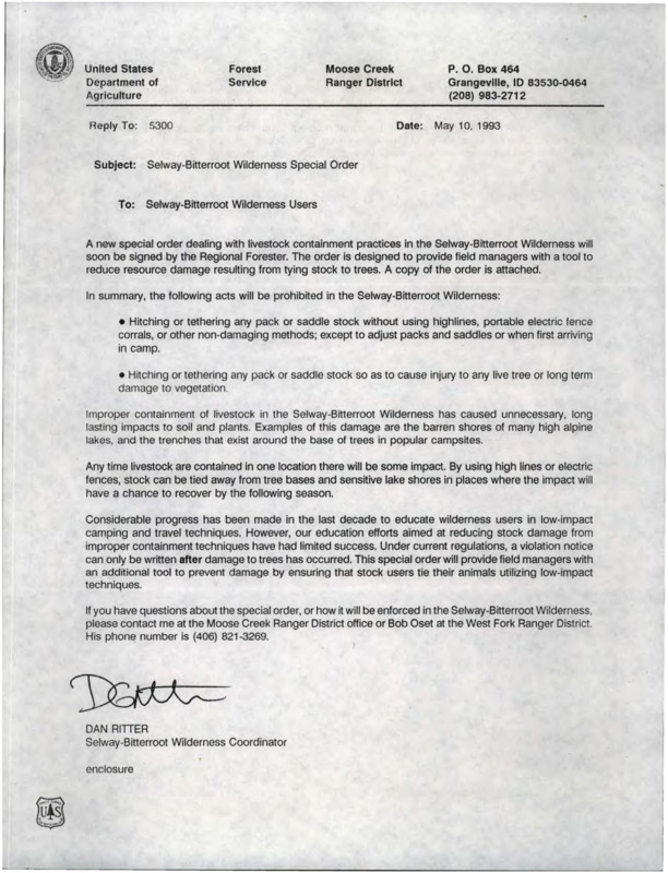 Notice pertaining to the implementation of a special order to reduce resource damage from tying stock to trees in the Selway-Bitterroot Wilderness