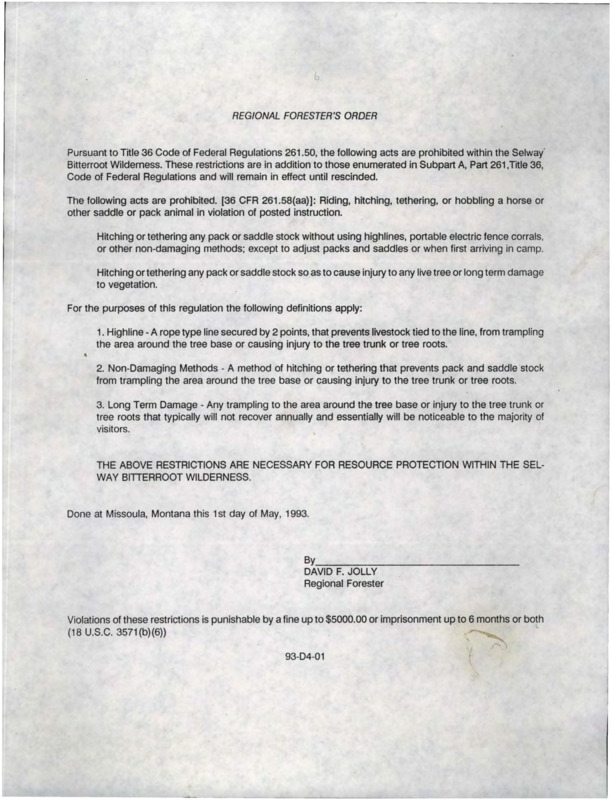 Order prohibiting riding hitching tethering or hobbling a horse or other saddle or pack animal in violation of posted instruction in the Selway-Bitterroot Wilderness