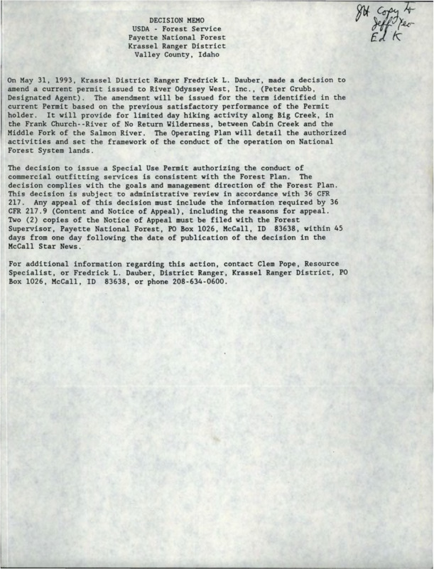 Decision memo describing the assignment of special use permit to River Odyssey West Inc. for day hiking along Big Creek between Cabin Creek and the Middle Fork of the Salmon River