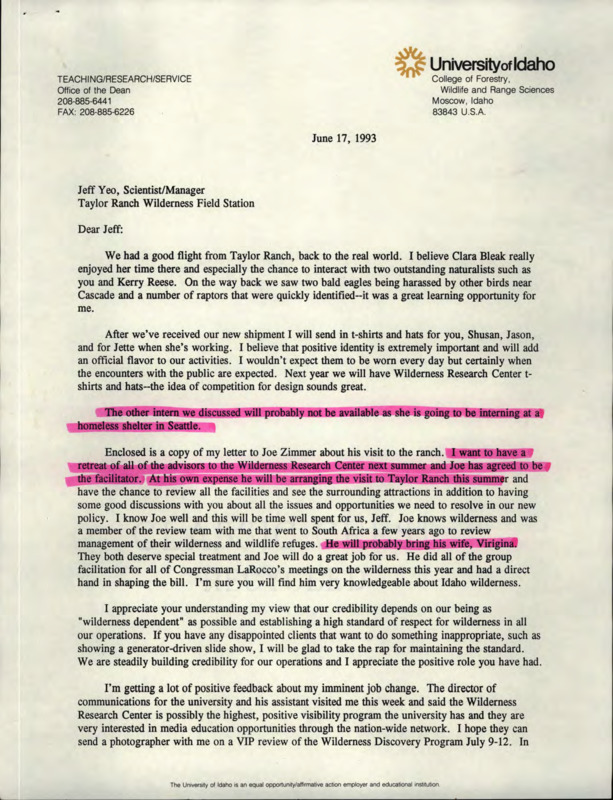 Letter thanking Jeff Yeo for hosting Clara Bleak at Taylor Ranch and discussing future developments for the wilderness research center including an advisory committee meeting at Taylor with Joe Zimmer as facilitator