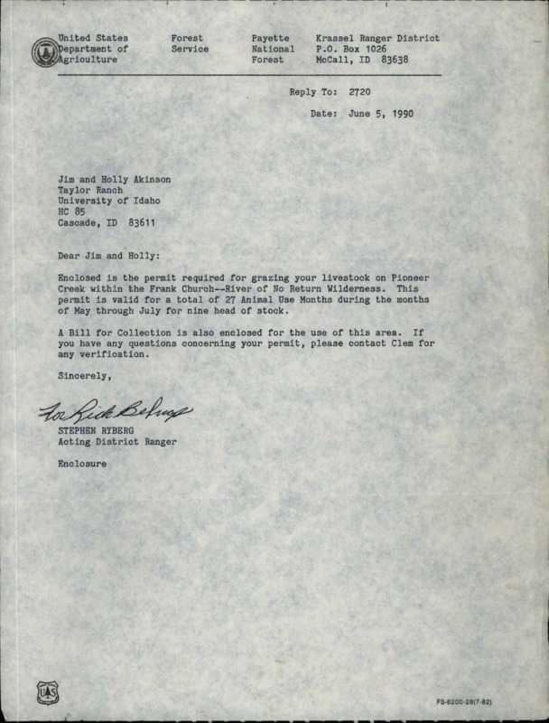 Memo to Jim and Holly Akinson containing grazing permit valid for 27 animal use months may through july for nine head of stock