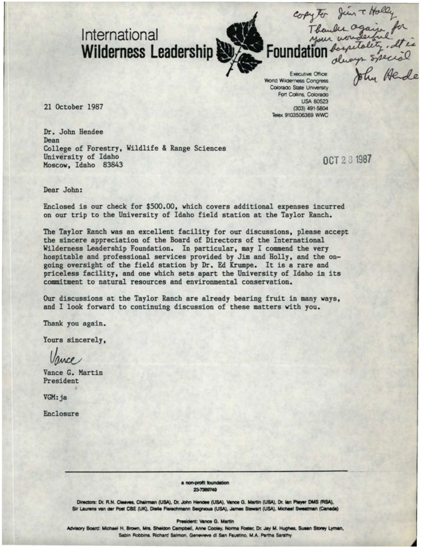 Letter from the president of the international wilderness leadership foundation thanking John Hendee for use of the Taylor Ranch facilities and for the services provided there for the foundation's board of directors