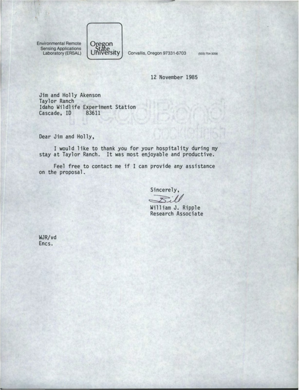 Letter to Jim and Holly Akenson thanking them for hospitality while at Taylor Ranch and offering assistance on a proposal seeking funding for elk and elk habitat research in the Frank Church