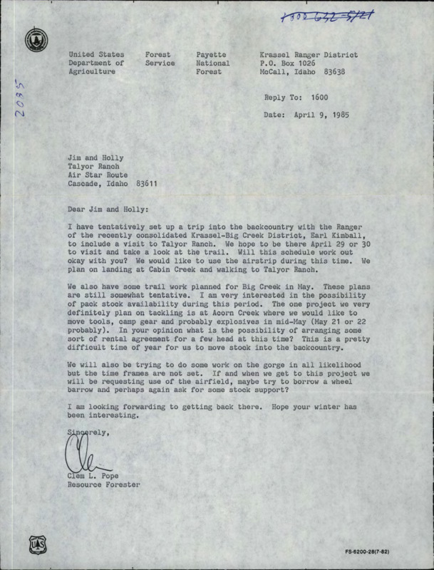 Letter inquiring about availability for trip into backcountry with Krassel-Big Creek District Ranger Earl Kimball and for pack stock availability for trail work