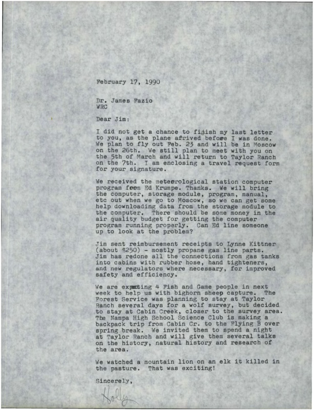 Letter referencing enclosed travel request forms; discussing meteorological computer program; propane gas line repairs; visits by Fish and Game and Nampa High School Science Club; a mountian lion and elk encounter