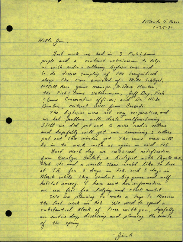 Letter discussing radio collaring of bighorn ewes and disease sampling of tranquilized sheep with Fish and Game; meeting in Moscow to plan spring events