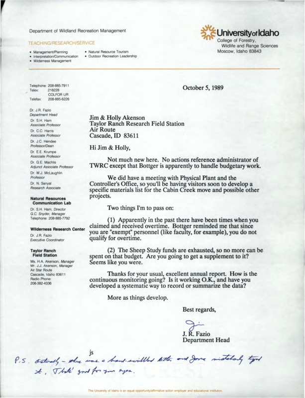 Letter from department head notifying Jim and Holly Akenson that sheep study funds have run out