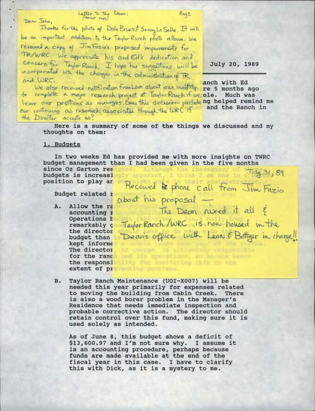 J. R. Fazio's proposal to CFWR dean on how to improve operations at Taylor Ranch Wilderness Research Center along with attached sticky notes stating that Fazio's proposal had been denied