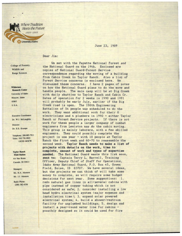 Letter from Holly Akenson describing her meetings with the Payette National Forest and National Guard regarding the relocation of a building from Cabin Creek to Taylor Ranch