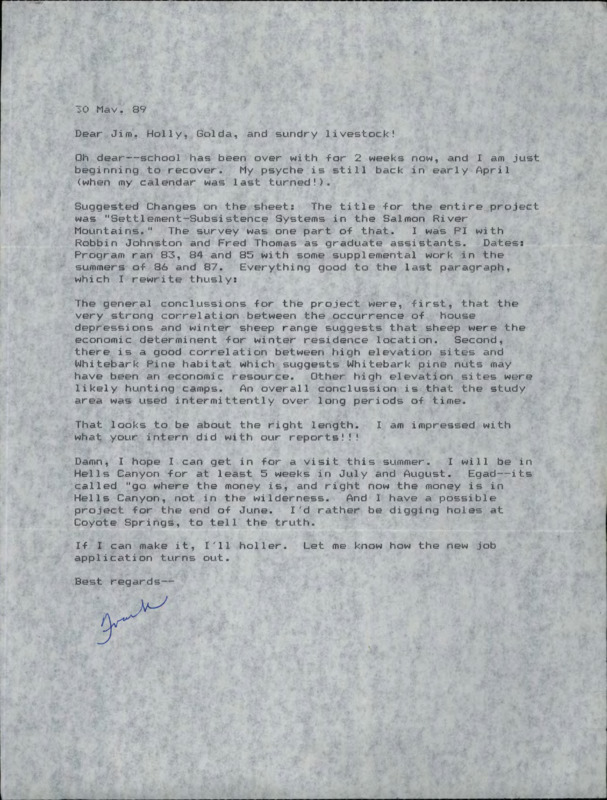 Letter from Frank to Taylor Ranch managers in which the findings of a recent archaeological study of the Salmon River Mountains are discussed