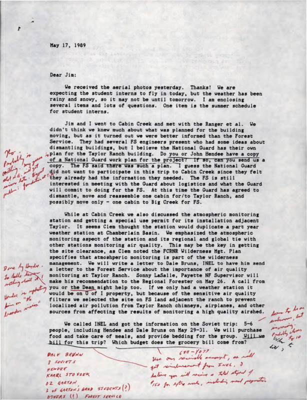 Letter from Holly Akenson annotated in red ink by Jim Akenson that discusses Taylor Ranch finances and upcoming business items