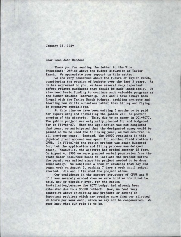 Co-authored letter to Dean Hendee requesting the funding to make Taylor Ranch a "world class wilderness research station"