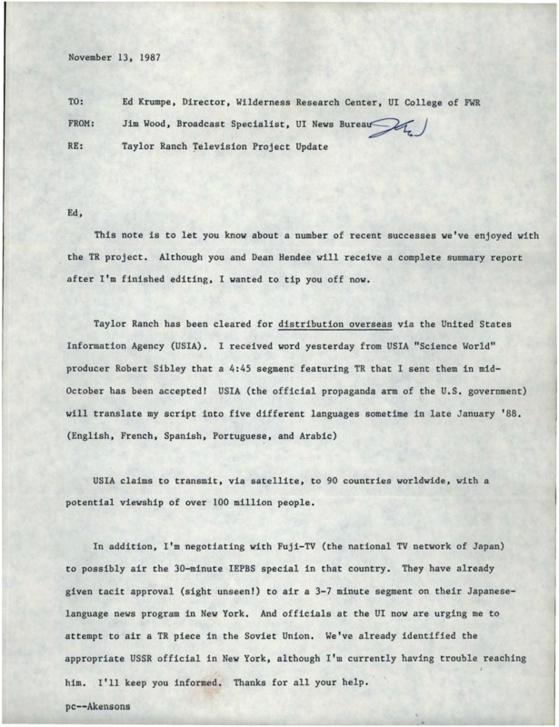 Letter from Ed Krumpe to U Idaho News Bureau highlighting recent Taylor Ranch press; Letters from John C. Hendee to Idaho senators Parry and Neibaur thanking them for their interest in Taylor Ranch