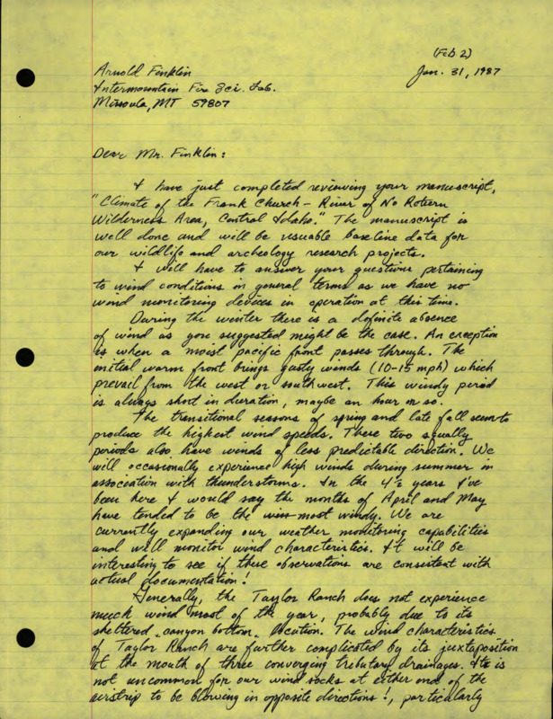 Jim Akenson's letter in response to inquiry by climatologist Arnold I. Finklin about Frank Church Wilderness-Taylor Ranch weather patterns