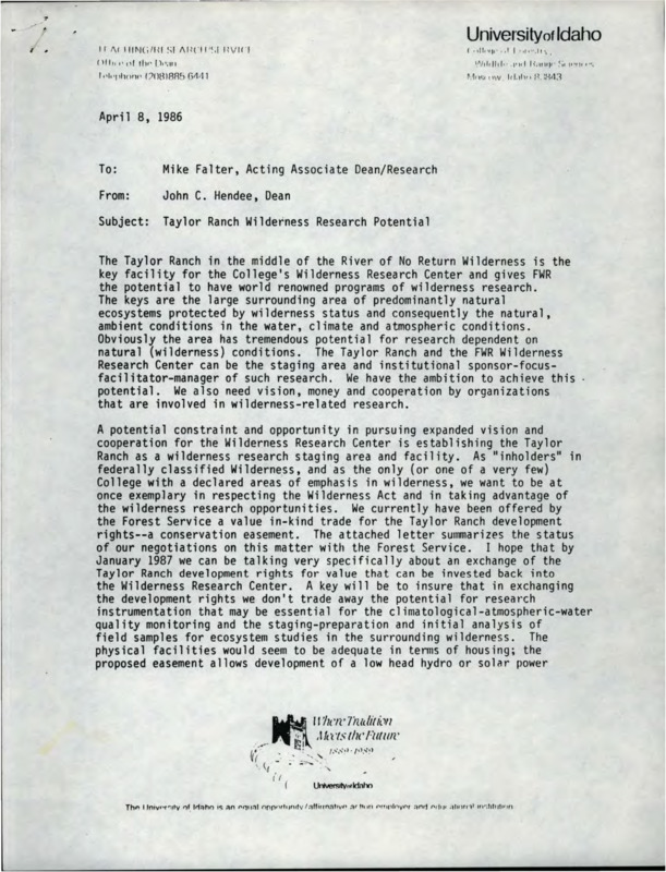 Letter from dean Hendee to acting associate dean Falter on the potential for Taylor Ranch to become a leading wilderness research institution