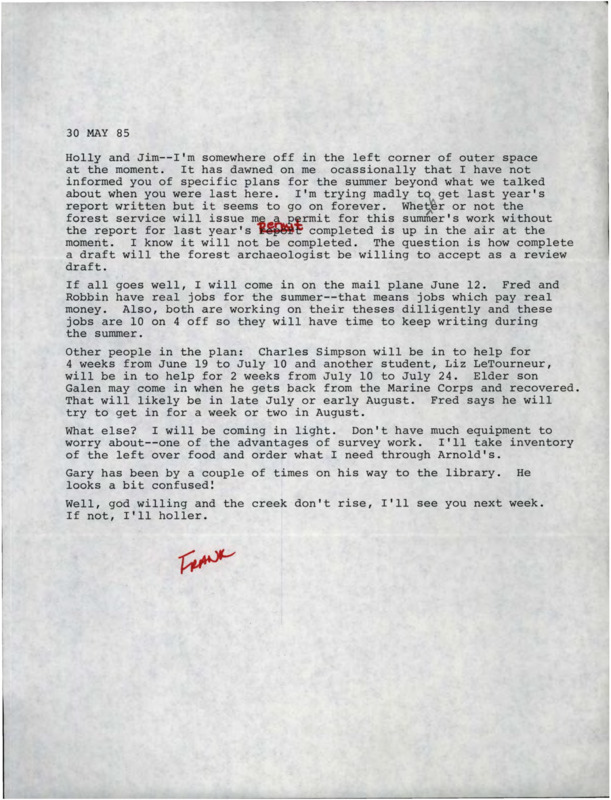 Letter from Frank Leonhardy "somewhere off in the left corner of outer space" informing Jim and Holly Akenson of his visit to Taylor Ranch via mail plane on June 12, 1985