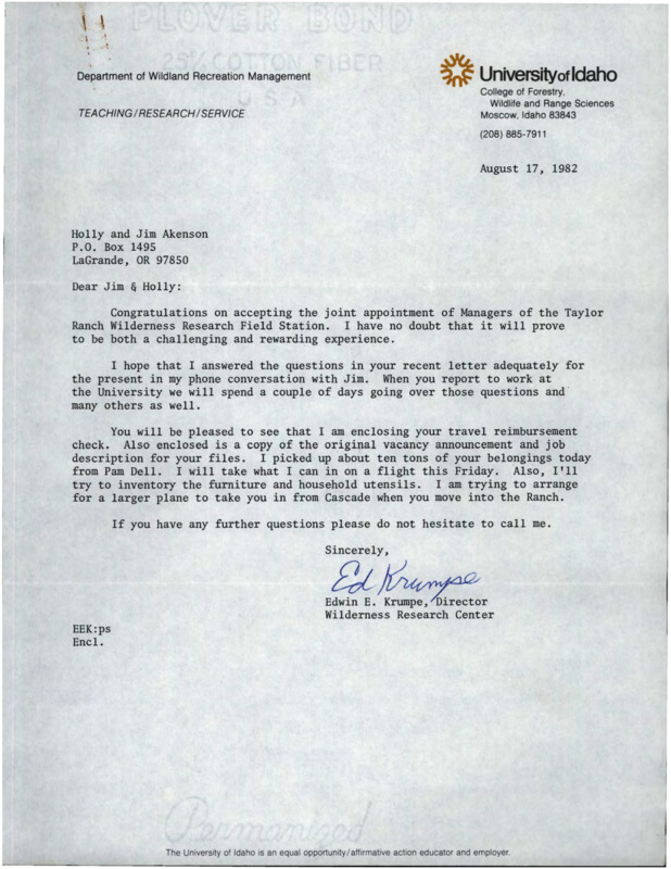 Letter from Ed Krumpe to Jim and Holly Akenson congratulations on accepting manager position of the Taylor Ranch Wilderness Research Field Station.