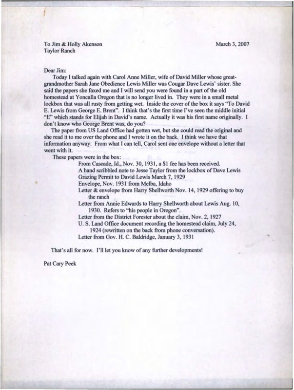 Letter from Pat Cary Peek to Jim and Holly Akenson about Dave Lewis Papers