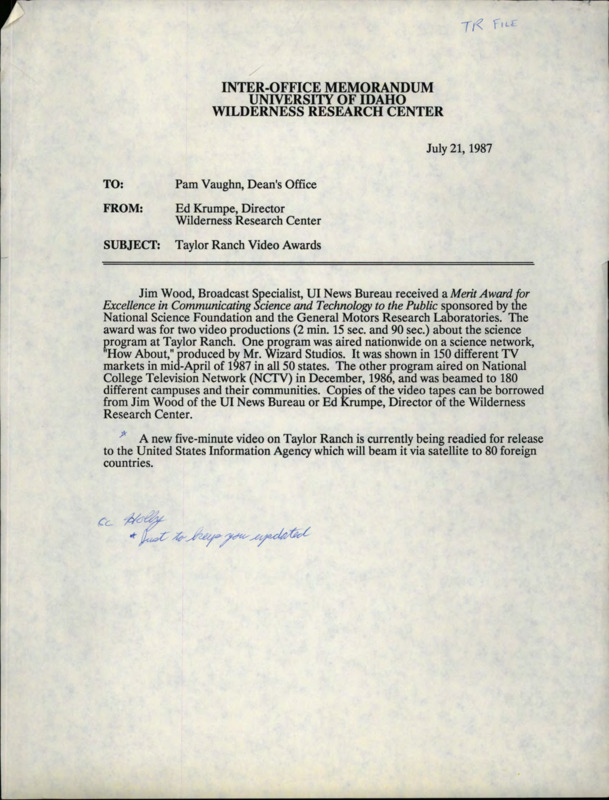 Memorandum from Ed Krumpe, Director Wilderness Research Center, to Pam Vaugh, Dean's Office, about two video productions about Taylor Ranch.